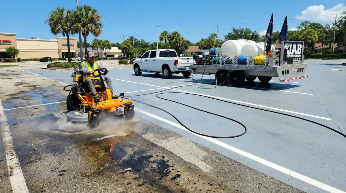 JAB pressure washing crew cleaning a parking lot with a riding surface cleaner in Tampa Bay