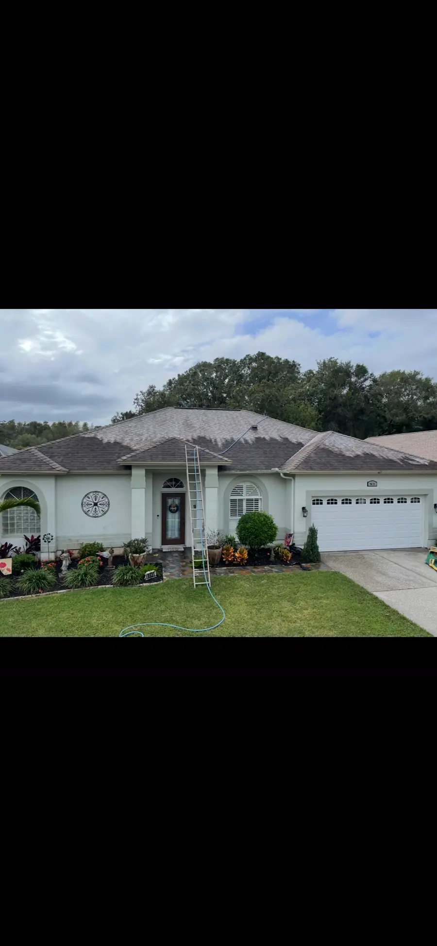 JAB technician on ladder soft-washing a tile roof in Tampa Bay, Florida
