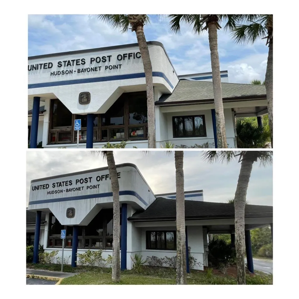 Before and after commercial building washing, US Post Office exterior in Pasco County